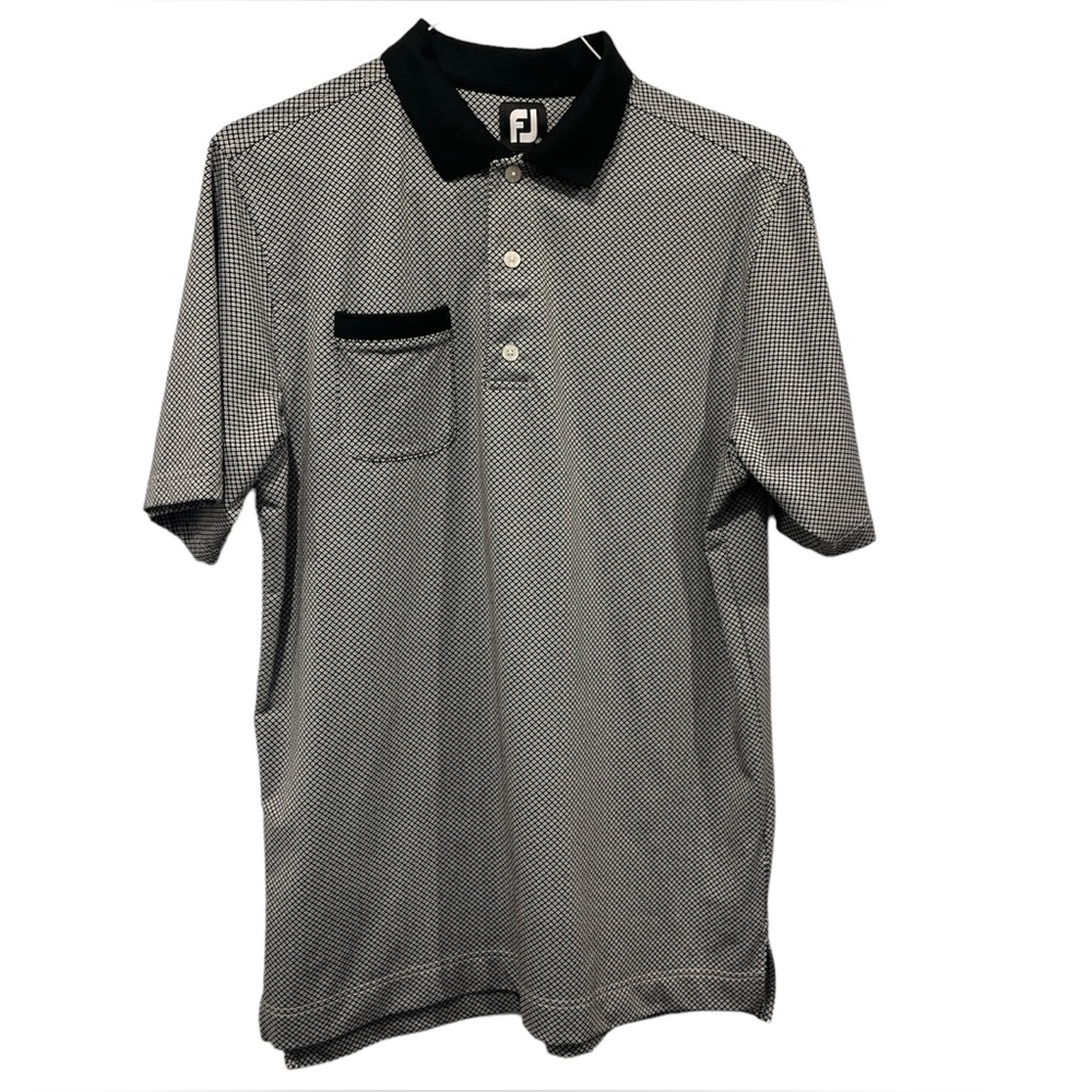Foot Joy FJ Men’s White Black Geometric Pattern Size M Golf Polo Shirt Logo‎ EUC